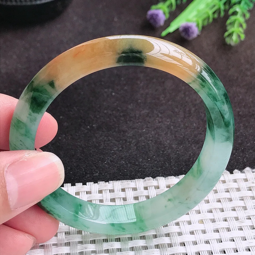 自然光54/10.5/7.5老坑冰胶水灵艳丽福禄寿三彩手镯宽边玉镯子美人镯手环