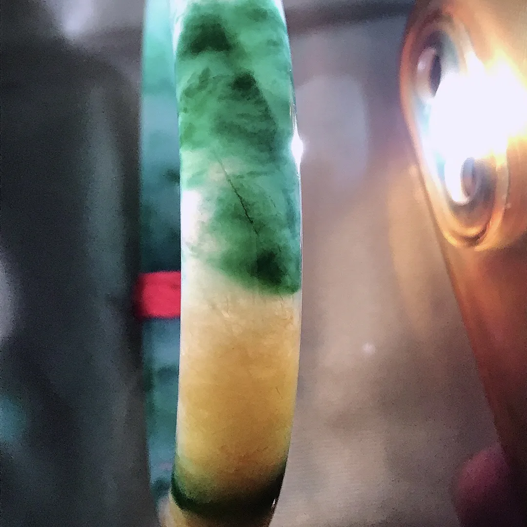 自然光54/10.5/7.5老坑冰胶水灵艳丽福禄寿三彩手镯宽边玉镯子美人镯手环