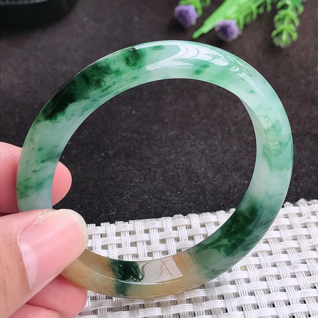 自然光54/10.5/7.5老坑冰胶水灵艳丽福禄寿三彩手镯宽边玉镯子美人镯手环