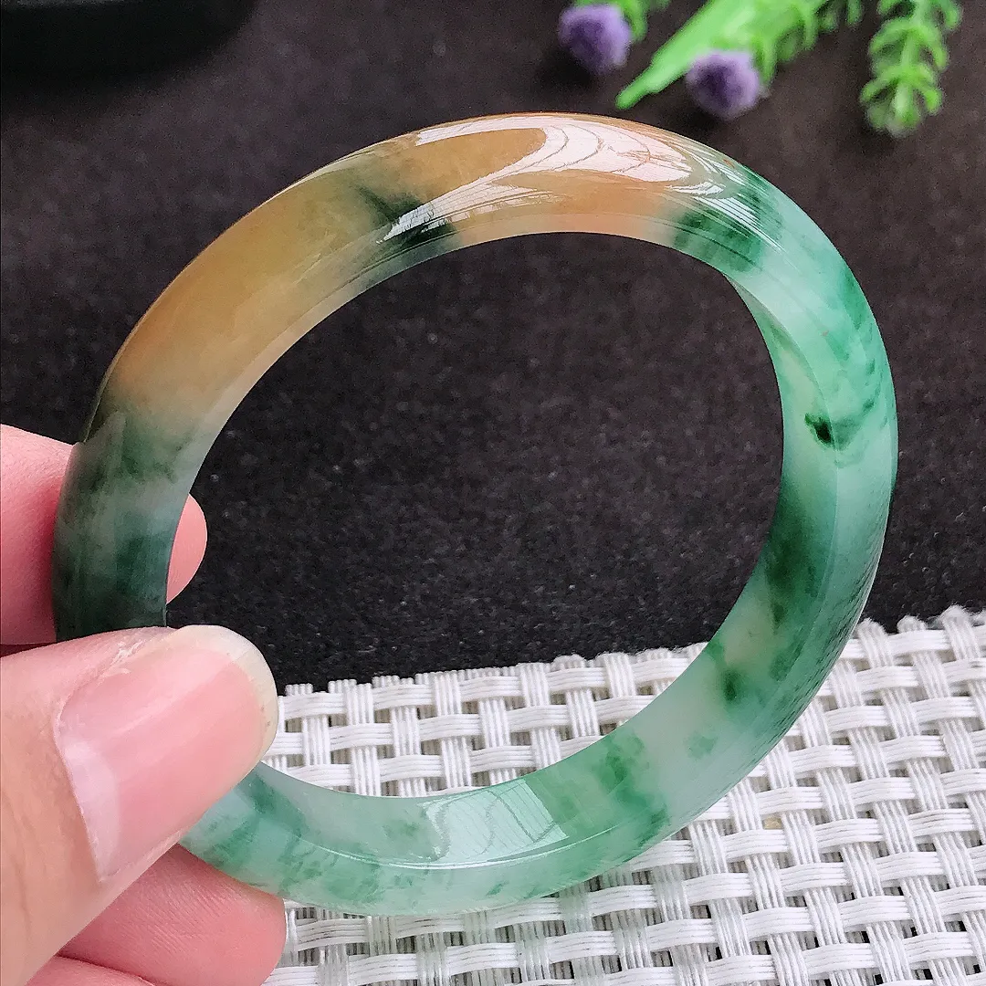 自然光54/10.5/7.5老坑冰胶水灵艳丽福禄寿三彩手镯宽边玉镯子美人镯手环