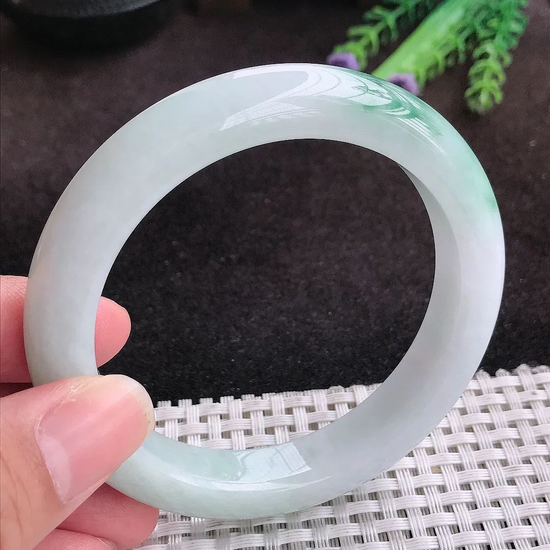 自然光59/11.8/9.6老坑精美温润飘花手镯宽边玉镯子美人镯手环