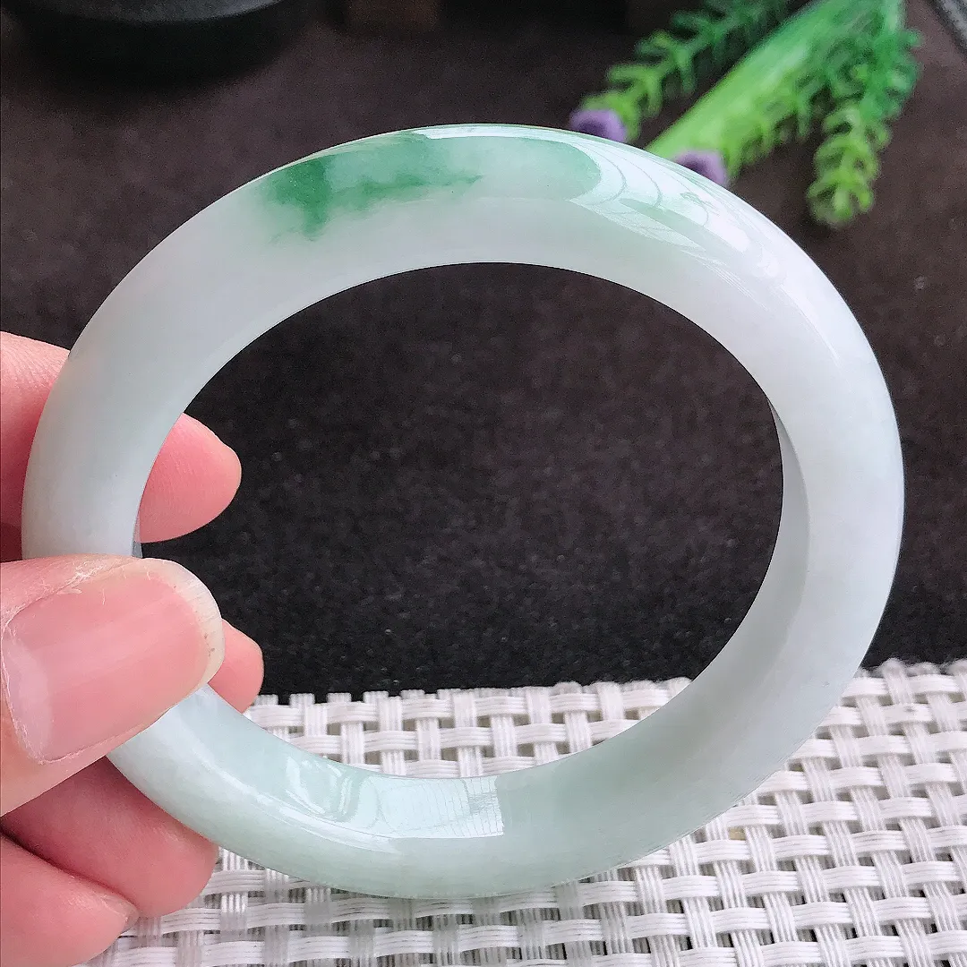 自然光59/11.8/9.6老坑精美温润飘花手镯宽边玉镯子美人镯手环