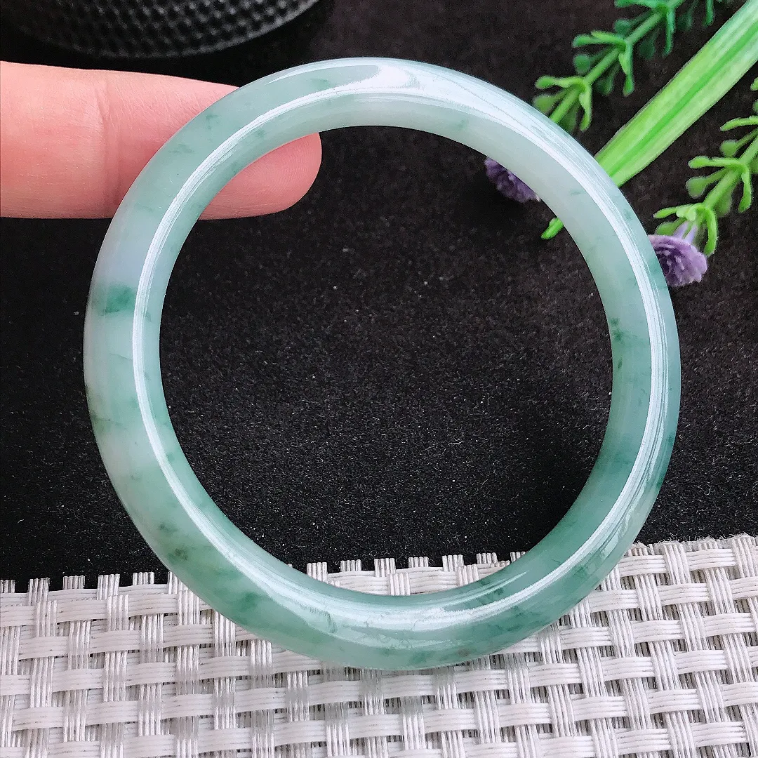自然光54.5/7.4/7.9老坑精美飘花圆条手镯玉镯子美人镯手环