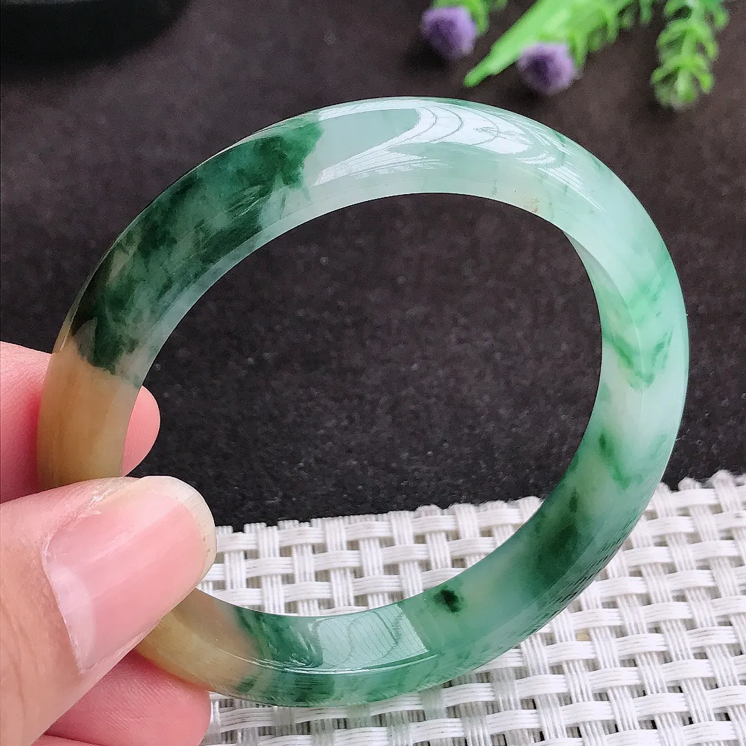 自然光54/10.5/7.5老坑冰胶水灵艳丽福禄寿三彩手镯宽边玉镯子美人镯手环