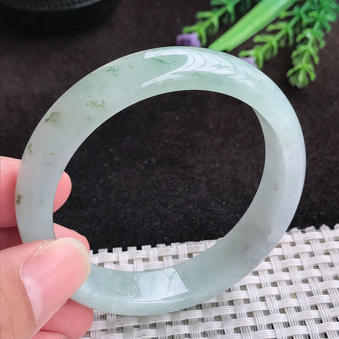 自然光55/13/7.3老坑冰润起胶飘花手镯宽边玉镯子美人镯手环