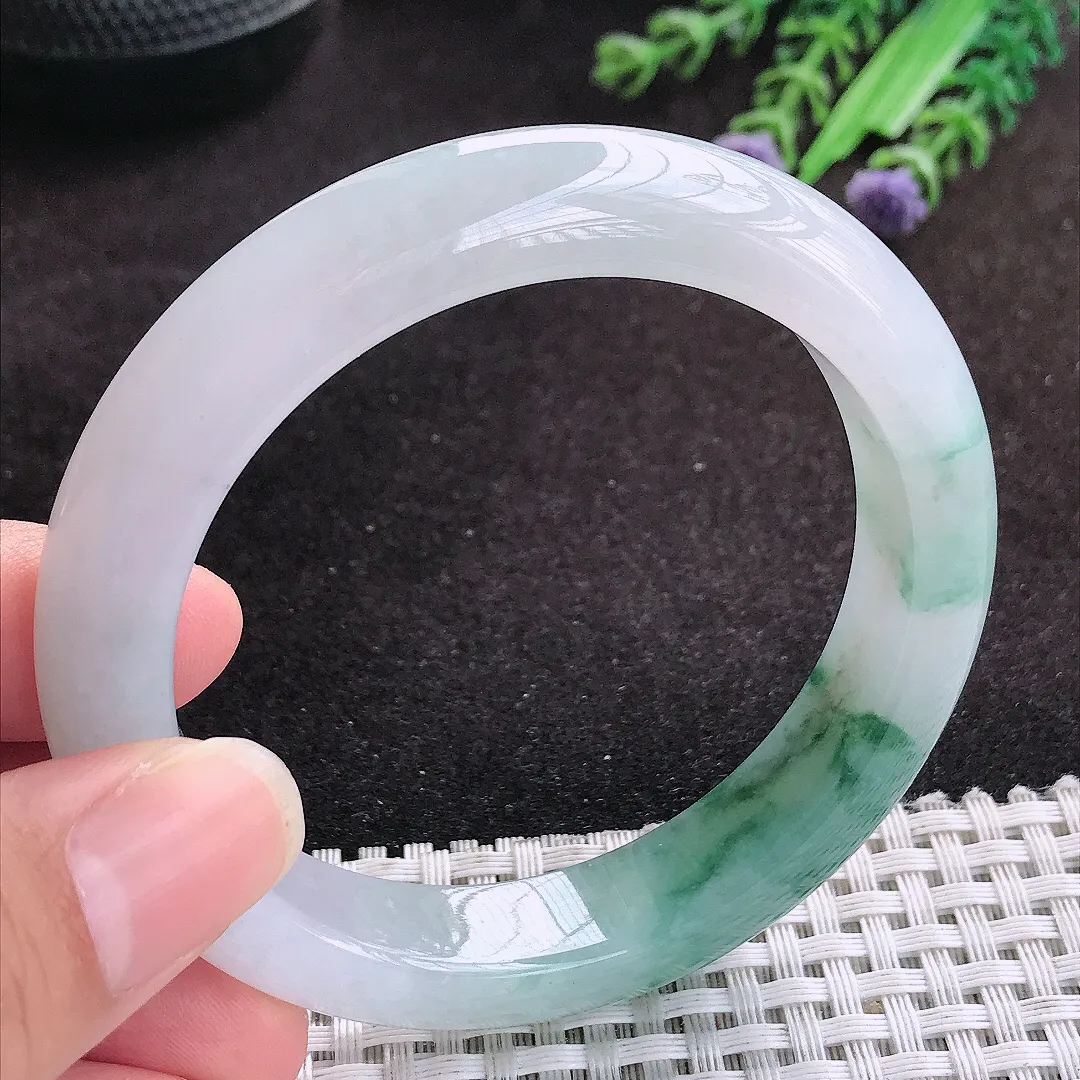 自然光56.5/12.2/9老坑冰胶水灵飘花手镯玉镯子美人镯手环