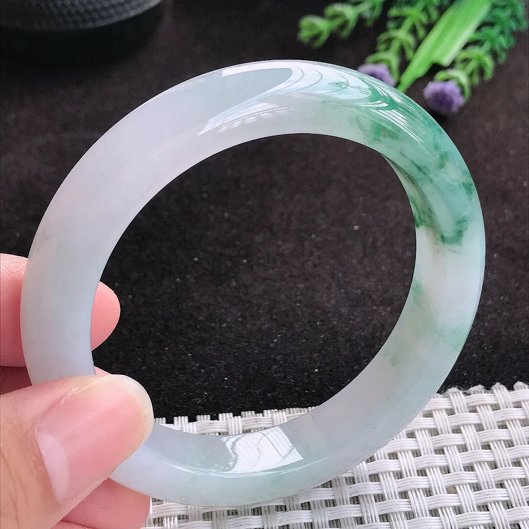 自然光56.5/12.2/9老坑冰胶水灵飘花手镯玉镯子美人镯手环