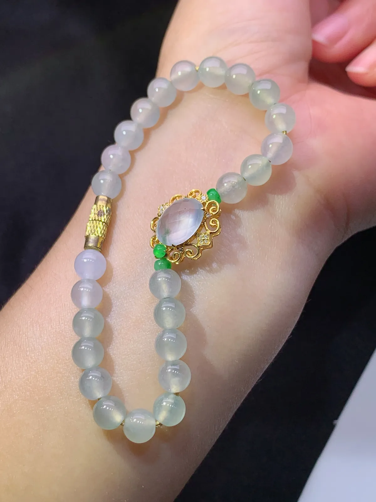 冰种圆珠手串，手链，18k金镶嵌蛋面，冰润细腻，种水足 Ls 尺寸15.7*14.3*7.5