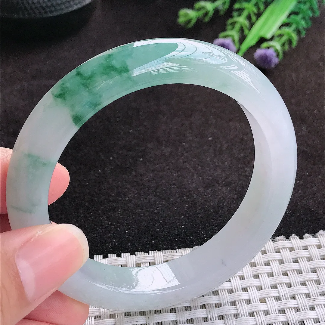 自然光56.5/12.2/9老坑冰胶水灵飘花手镯玉镯子美人镯手环