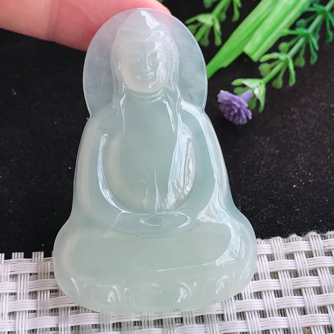 自然光63/41/6老坑冰润起胶冰晴素衣观音挂件翡翠玉吊坠百搭
