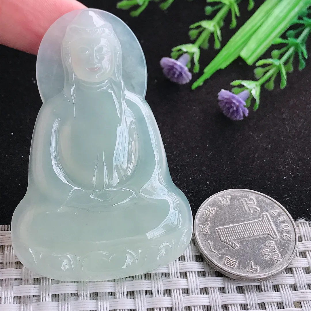 自然光63/41/6老坑冰润起胶冰晴素衣观音挂件翡翠玉吊坠百搭
