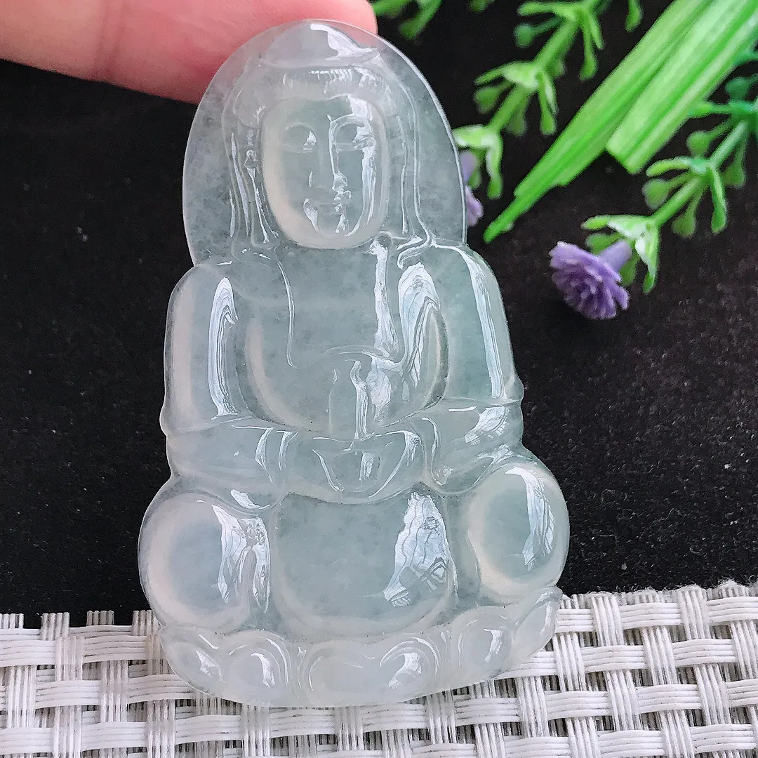 自然光62.7/39/5.8老坑冰种通透正装观音挂件翡翠玉吊坠百搭