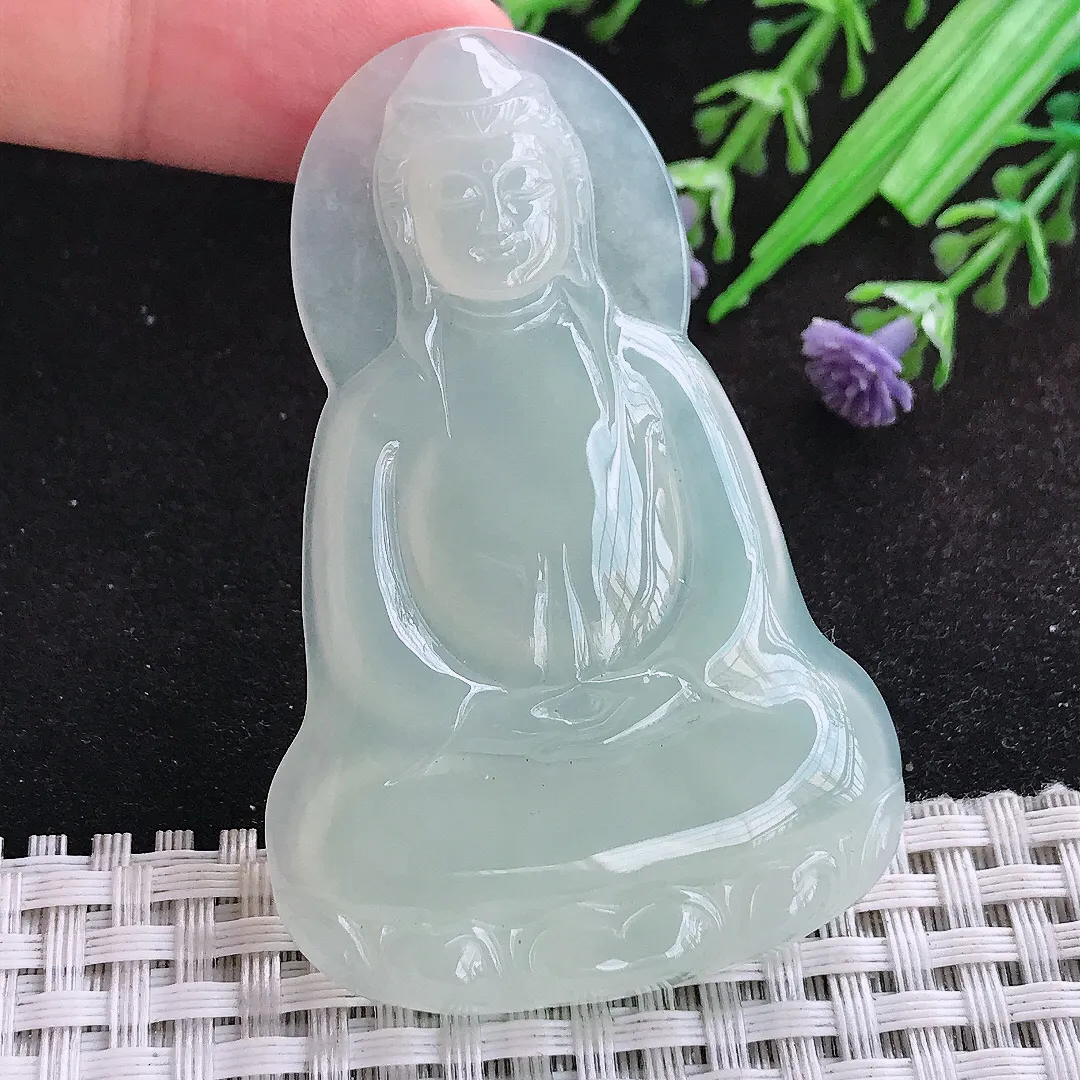 自然光63/41/6老坑冰润起胶冰晴素衣观音挂件翡翠玉吊坠百搭