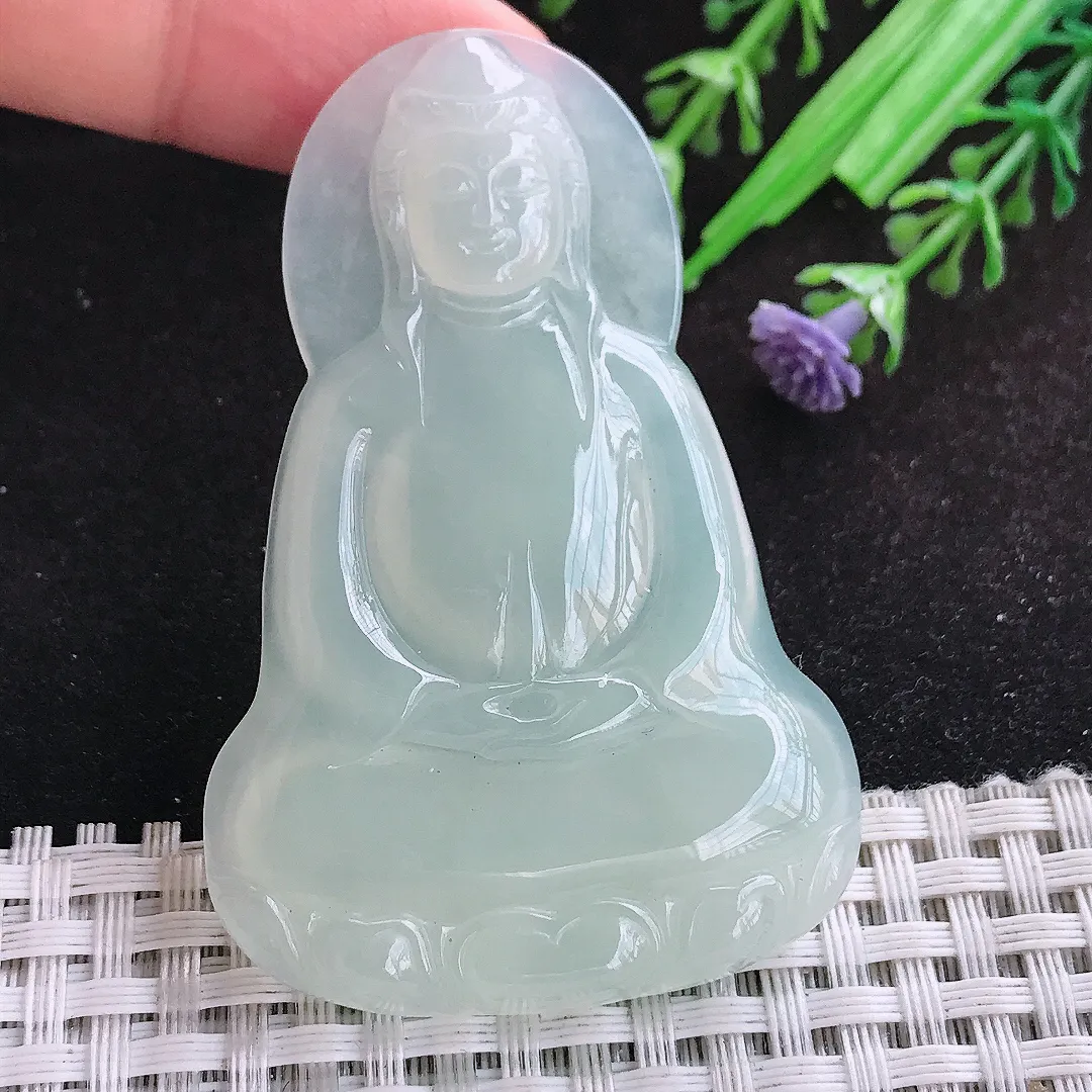 自然光63/41/6老坑冰润起胶冰晴素衣观音挂件翡翠玉吊坠百搭