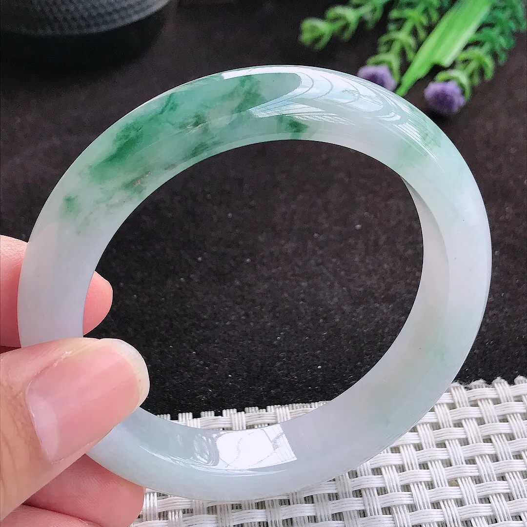 自然光56.5/12.2/9老坑冰胶水灵飘花手镯玉镯子美人镯手环