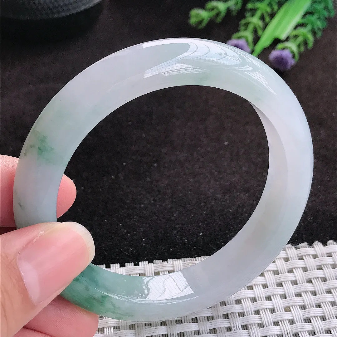 自然光56.5/12.2/9老坑冰胶水灵飘花手镯玉镯子美人镯手环