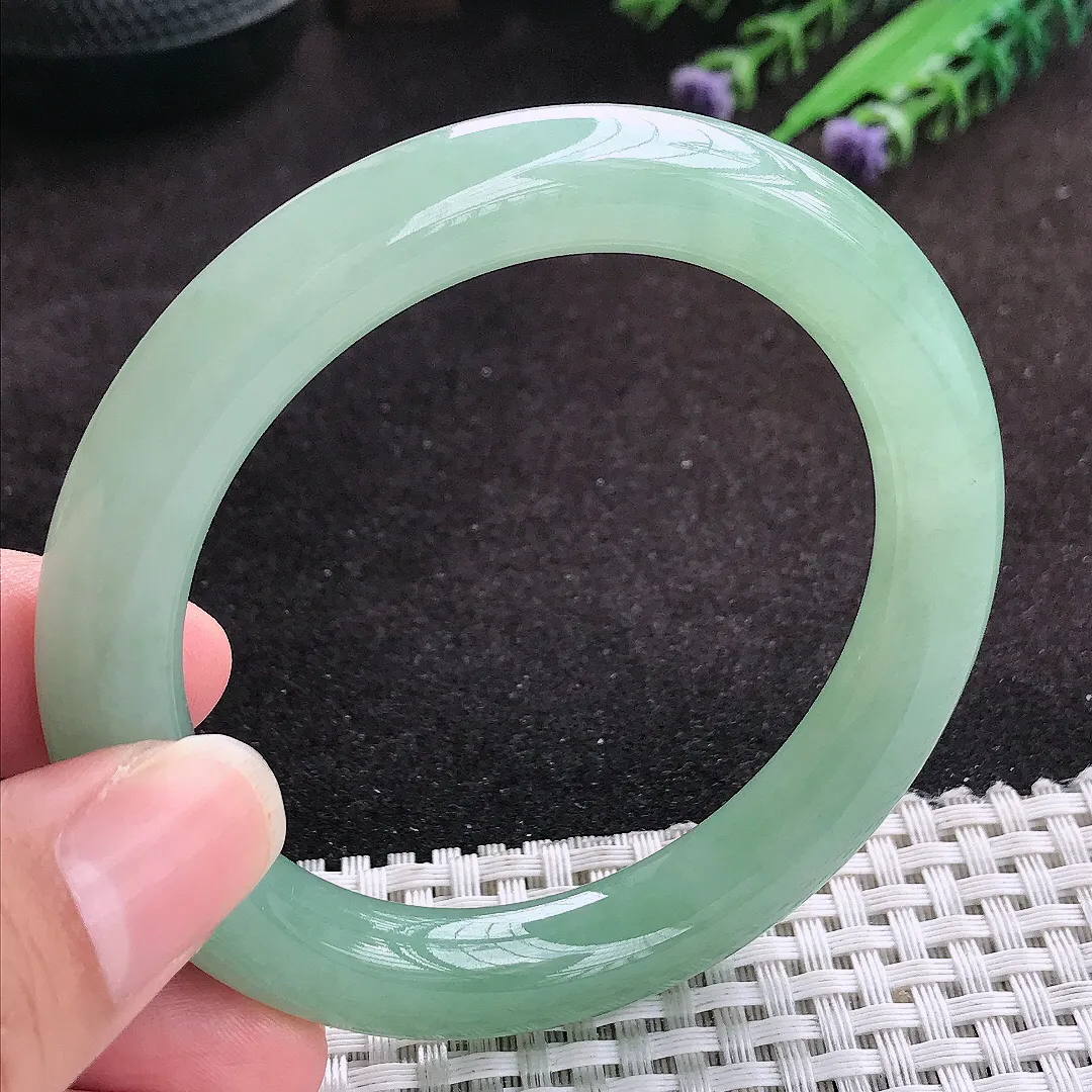 自然光56/10.2老坑冰润起胶满绿甜绿圆条手镯玉镯子美人镯手环