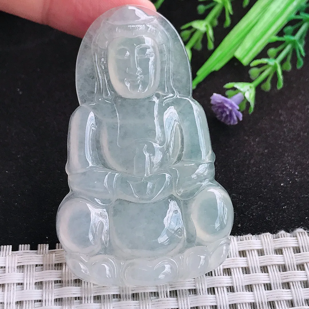 自然光62.7/39/5.8老坑冰种通透正装观音挂件翡翠玉吊坠百搭
