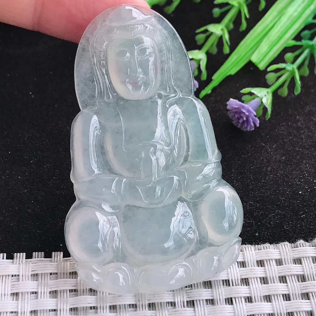 自然光62.7/39/5.8老坑冰种通透正装观音挂件翡翠玉吊坠百搭