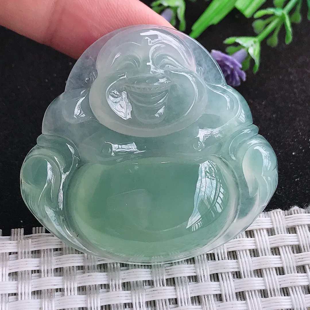 自然光45.4/48.8/8.6老坑冰种果冻胶冰晴绿大佛公挂件翡翠玉佛吊坠百搭