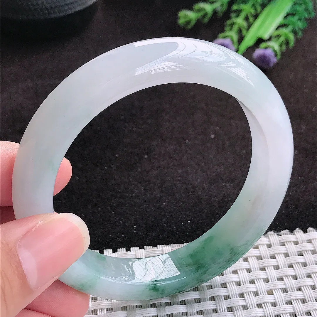 自然光56.5/12.2/9老坑冰胶水灵飘花手镯玉镯子美人镯手环