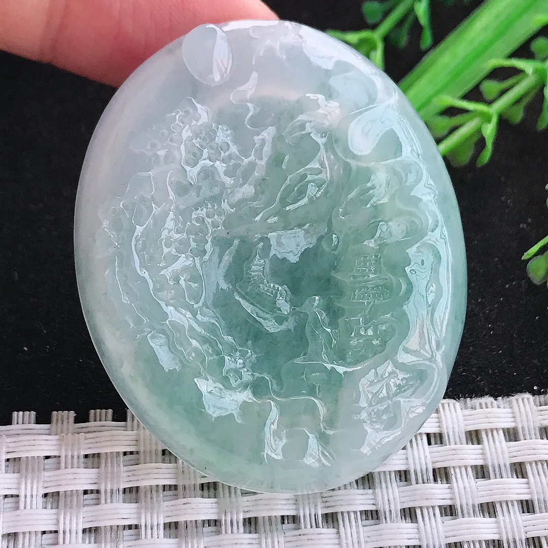 自然光50.5.42/7老坑冰透果冻胶飘花山水牌挂件翡翠玉吊坠百搭