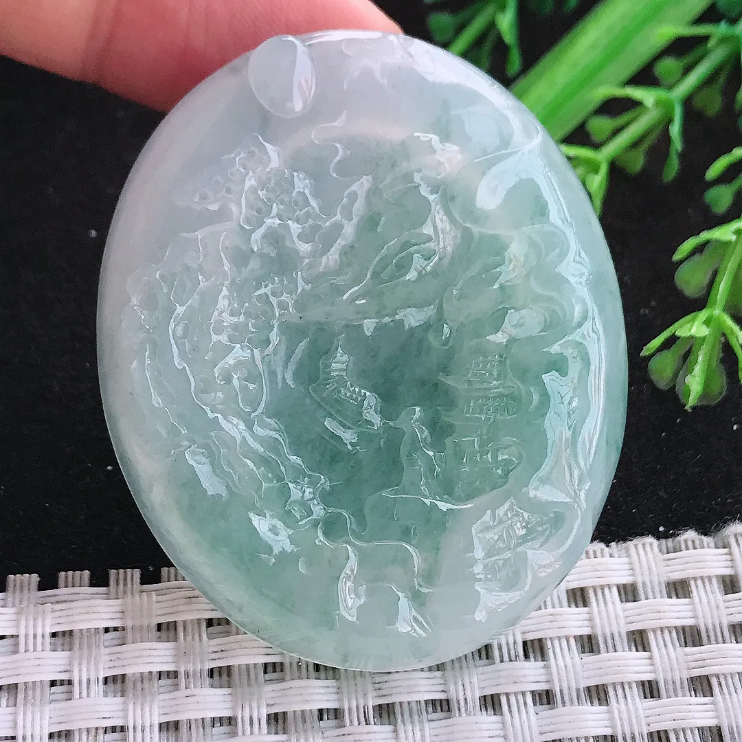 自然光50.5.42/7老坑冰透果冻胶飘花山水牌挂件翡翠玉吊坠百搭