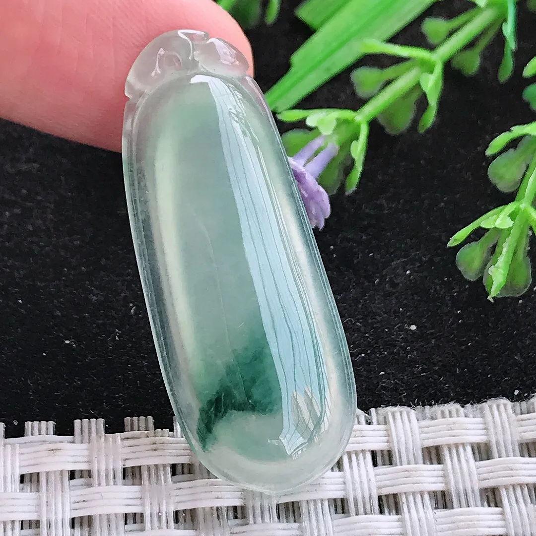 自然光38.6/15.3/5老坑冰种果冻胶飘花福瓜挂件翡翠玉吊坠百搭