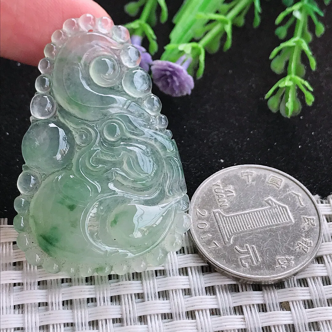 自然光47/31/6.8老坑冰透果冻胶冰晴绿如意龙挂件翡翠玉吊坠百搭