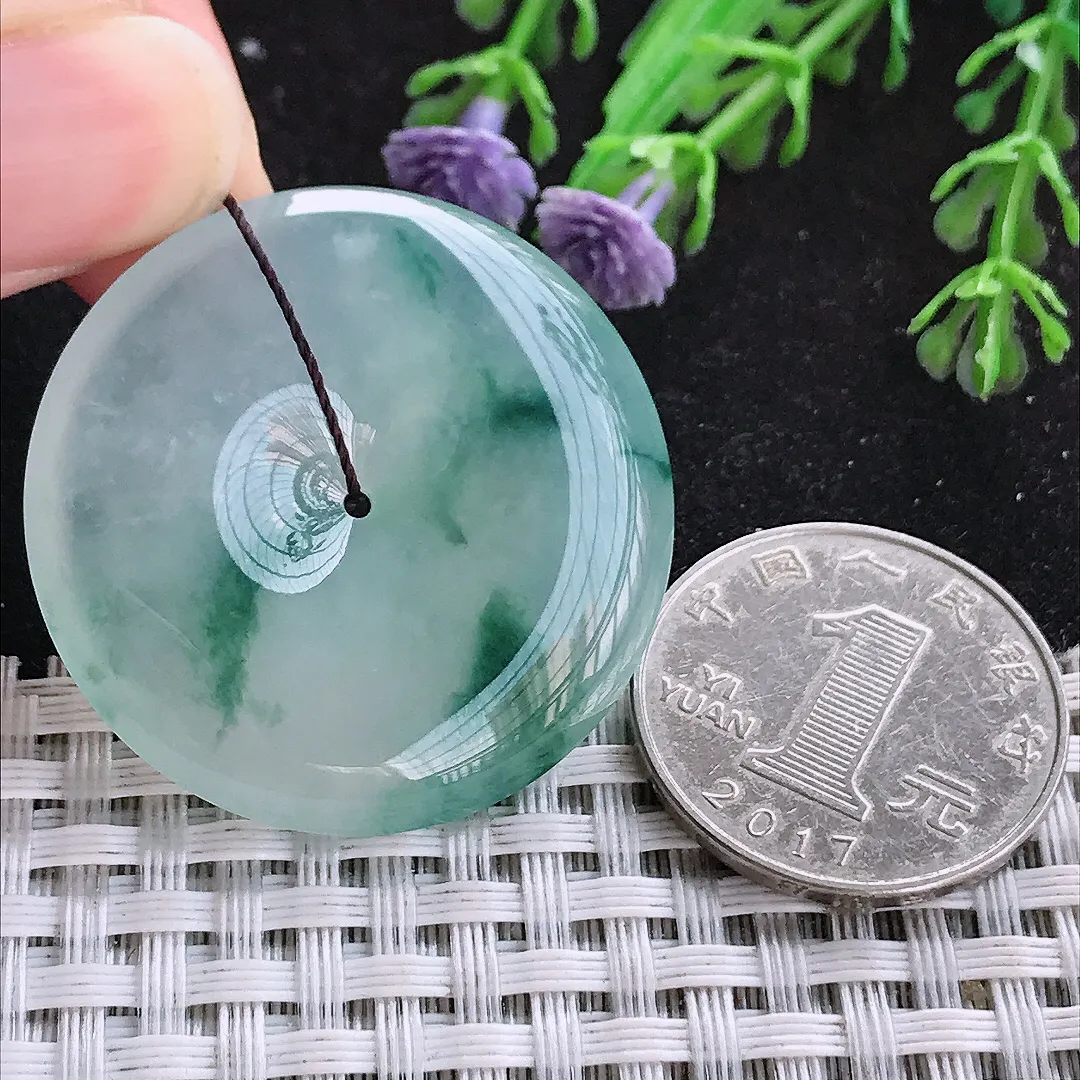 自然光36/6.2老坑冰种果冻胶飘花平安扣挂件翡翠玉扣吊坠百搭