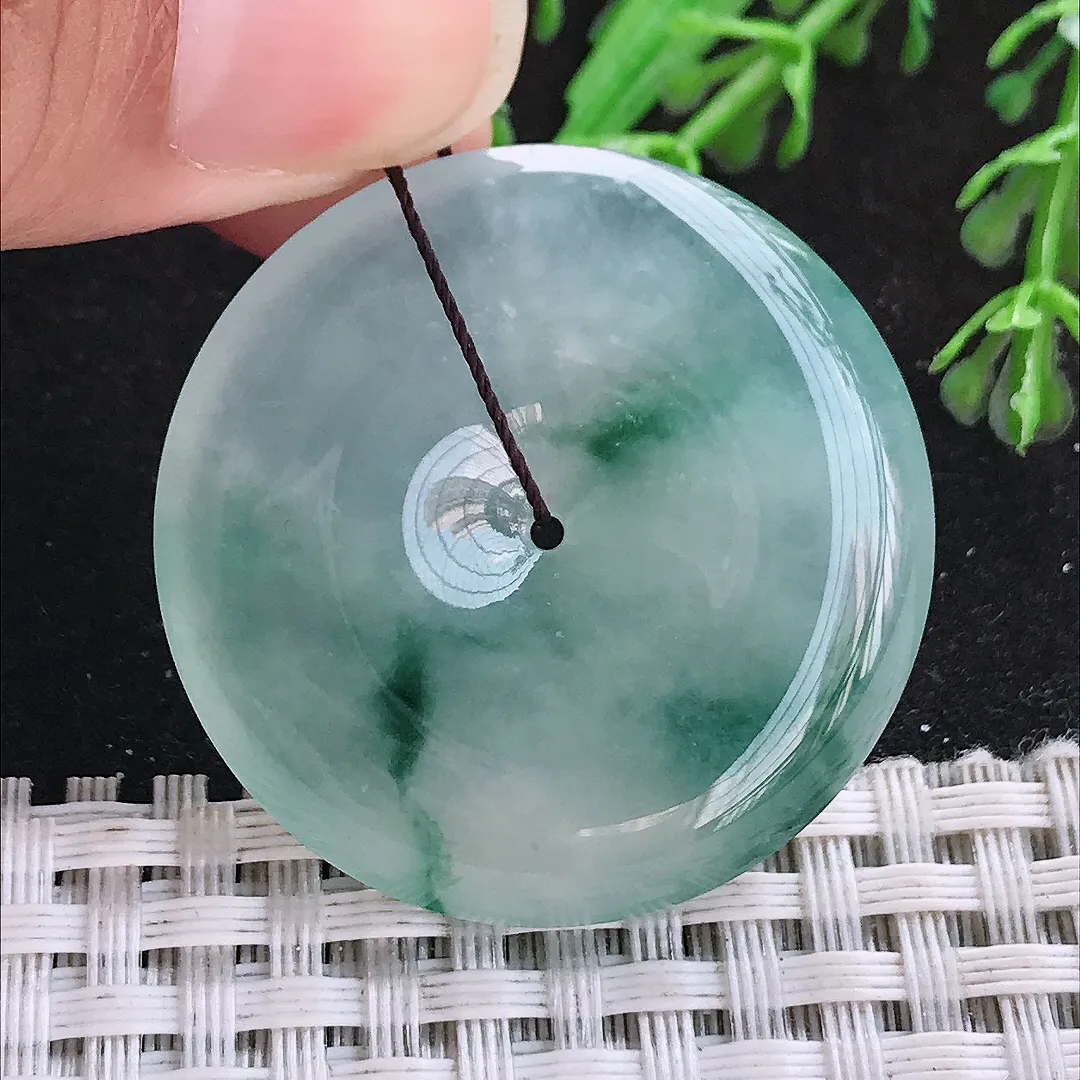 自然光36/6.2老坑冰种果冻胶飘花平安扣挂件翡翠玉扣吊坠百搭