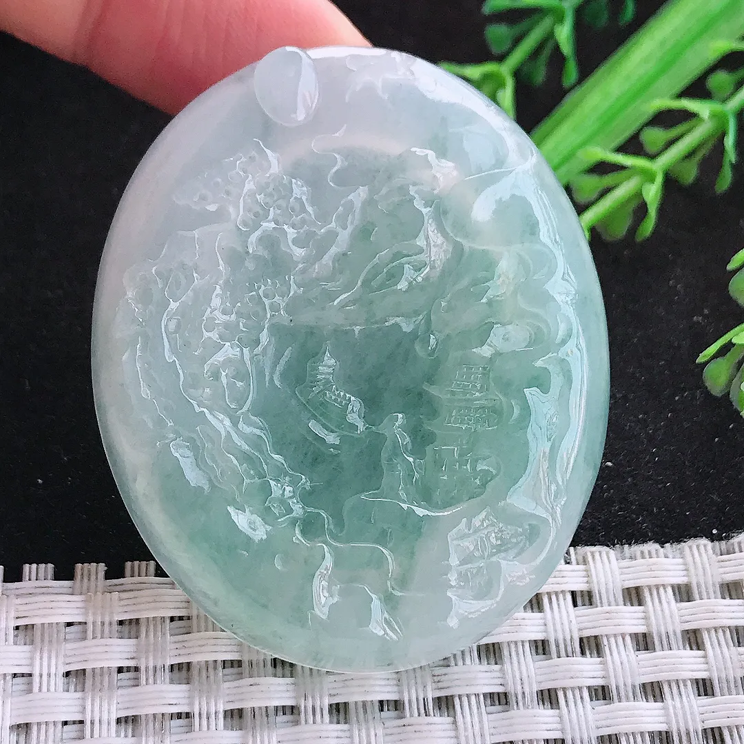 自然光50.5.42/7老坑冰透果冻胶飘花山水牌挂件翡翠玉吊坠百搭