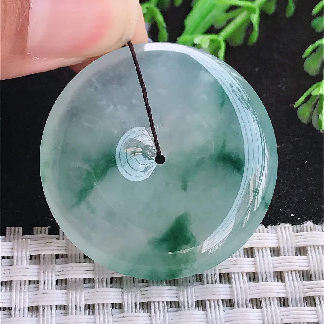 自然光36/6.2老坑冰种果冻胶飘花平安扣挂件翡翠玉扣吊坠百搭
