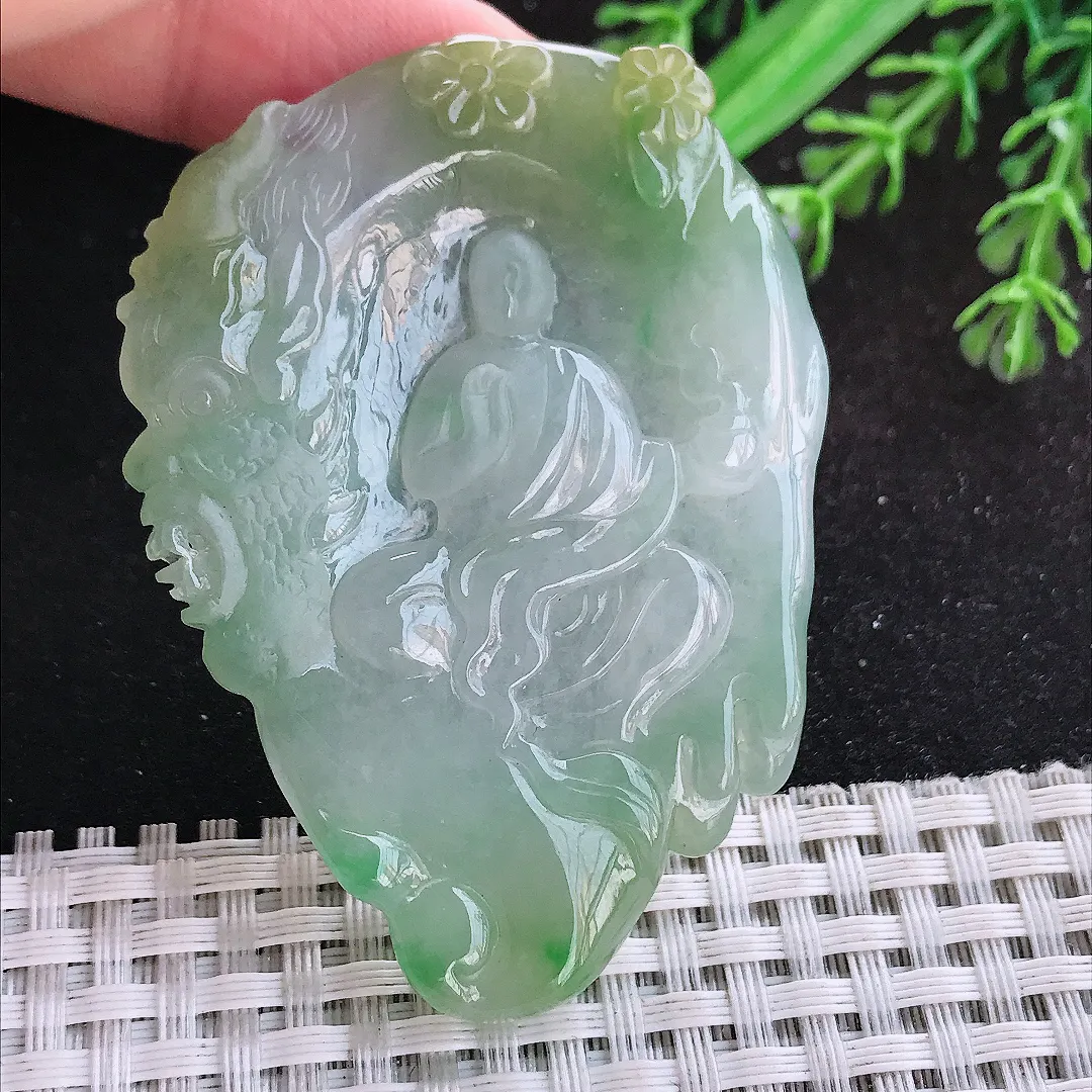 自然光64/47/5.6老坑冰胶水灵黄加绿佛魔一念挂件翡翠玉吊坠百搭
