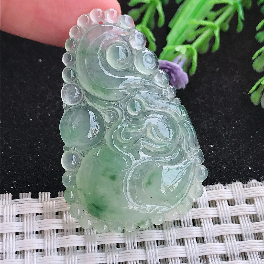 自然光47/31/6.8老坑冰透果冻胶冰晴绿如意龙挂件翡翠玉吊坠百搭