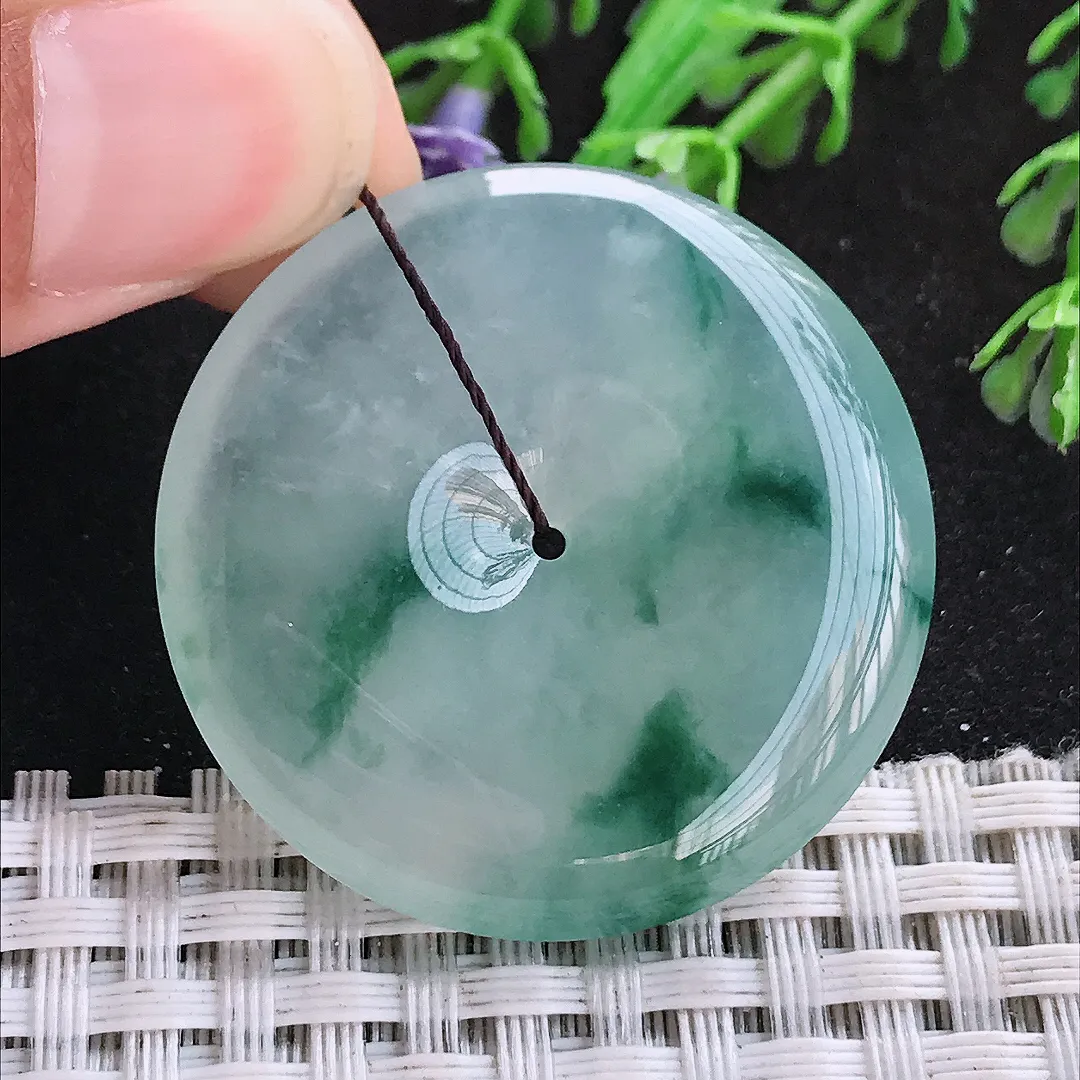 自然光36/6.2老坑冰种果冻胶飘花平安扣挂件翡翠玉扣吊坠百搭