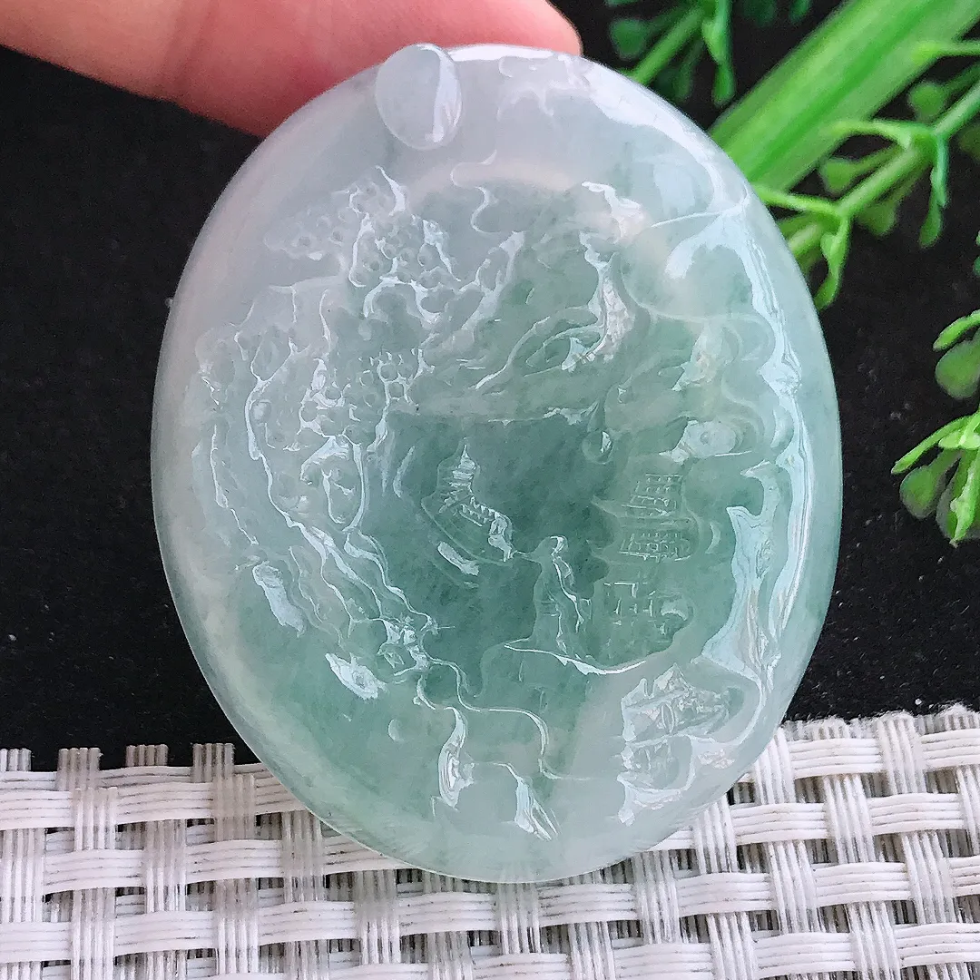 自然光50.5.42/7老坑冰透果冻胶飘花山水牌挂件翡翠玉吊坠百搭