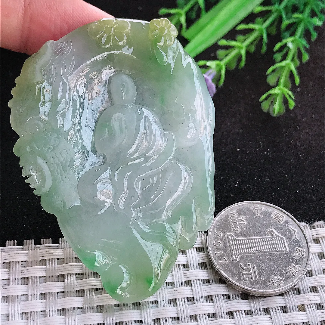 自然光64/47/5.6老坑冰胶水灵黄加绿佛魔一念挂件翡翠玉吊坠百搭