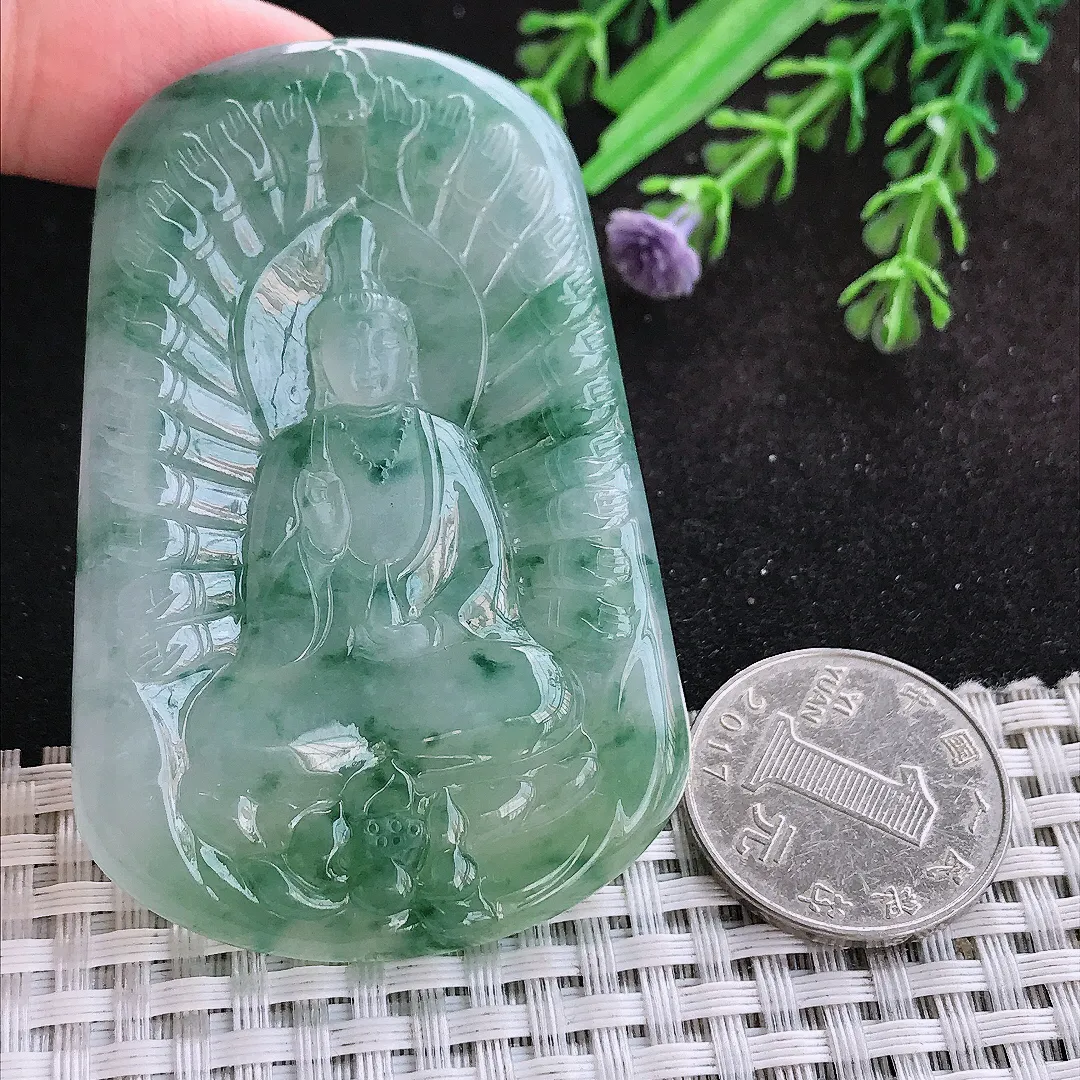 自然光66.8/44.5/6老坑冰胶水灵特色飘花千手观音挂件翡翠玉吊坠百搭
