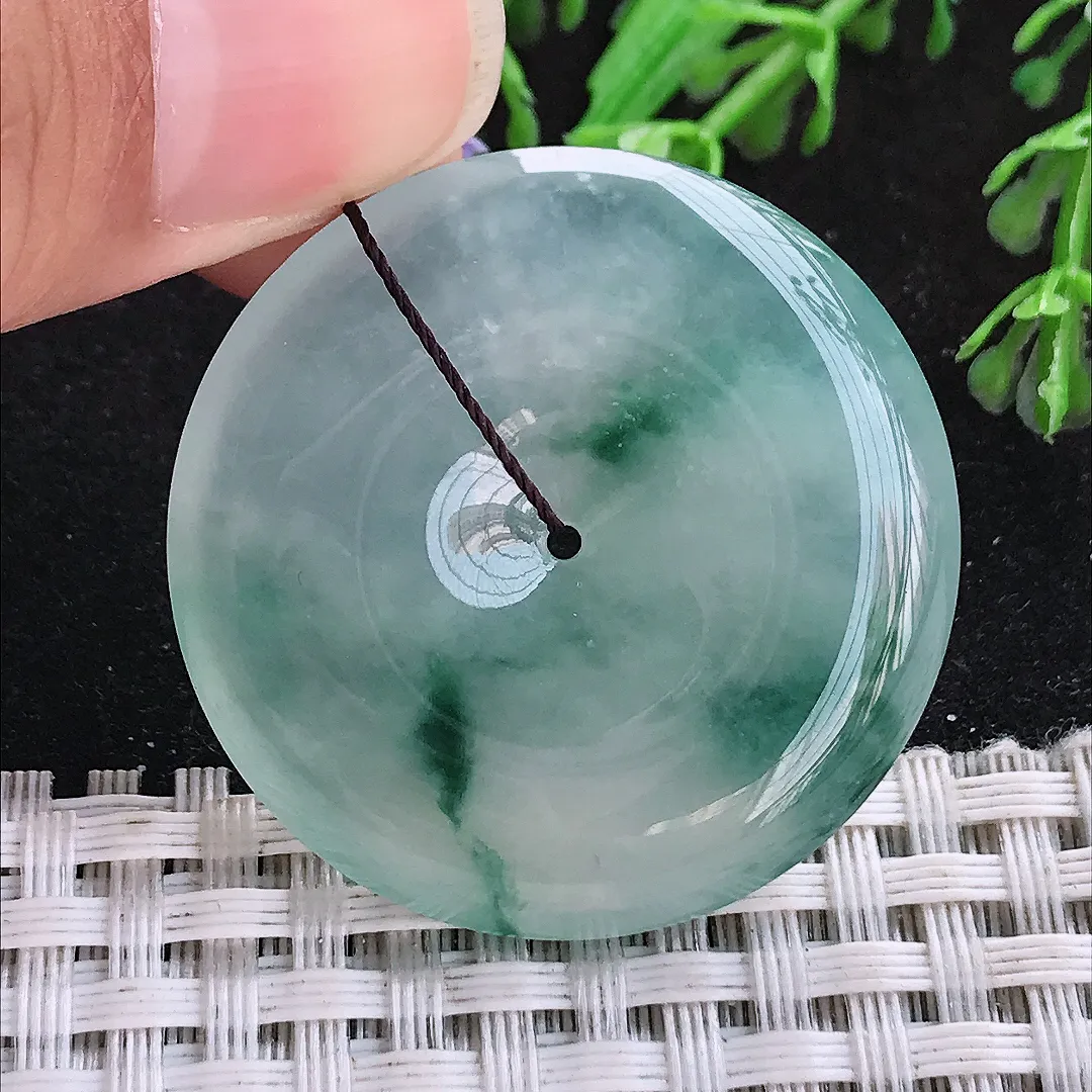 自然光36/6.2老坑冰种果冻胶飘花平安扣挂件翡翠玉扣吊坠百搭