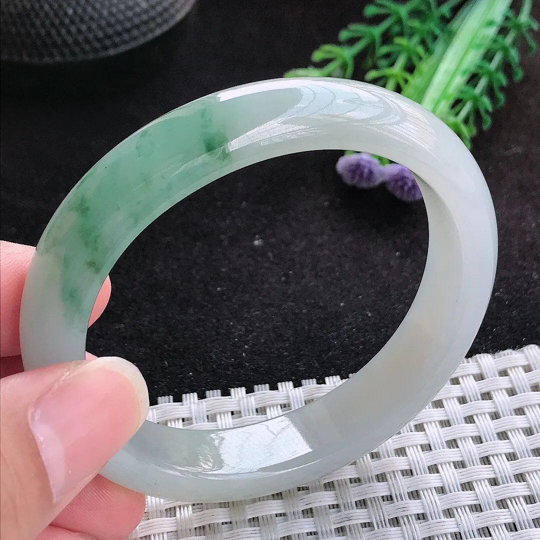 自然光54.5/49.5/12.6/8.2老坑冰润起胶飘花贵妃手镯玉镯子美人镯手环