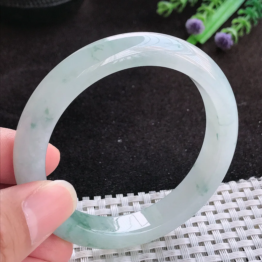 自然光55.5/11/8.3老坑冰润起胶飘花宽边手镯玉镯子美人镯手环