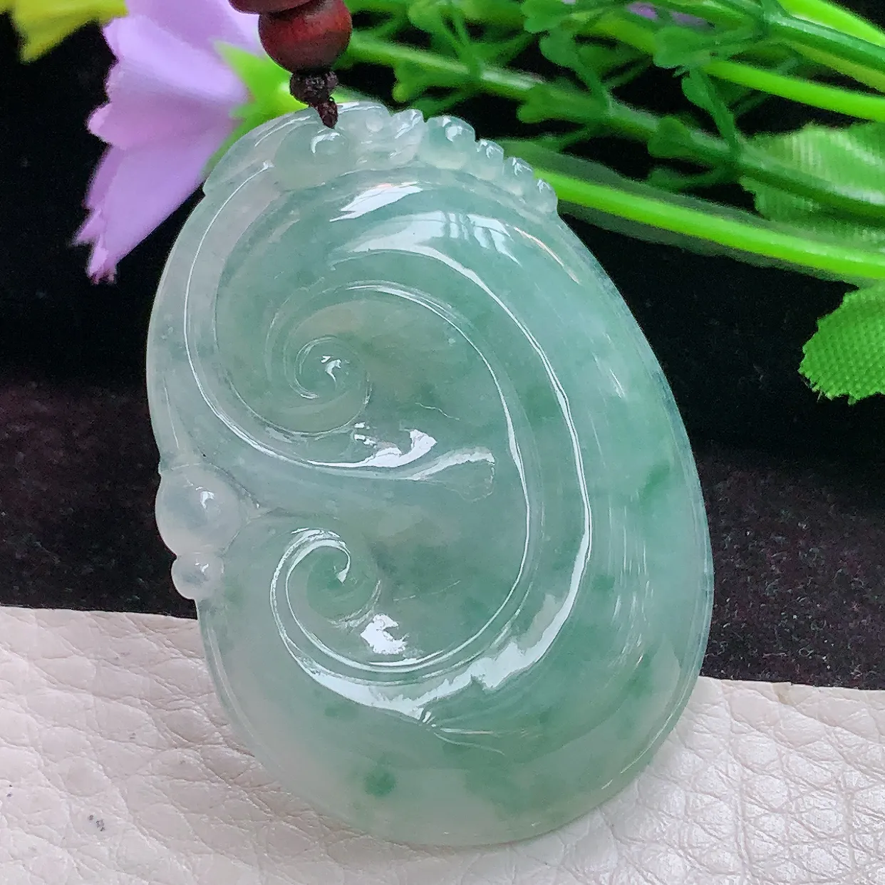 zen实拍49.3*36.5*5.8缅甸翡翠飘A货飘花如意 玉如意挂件 玉吊坠