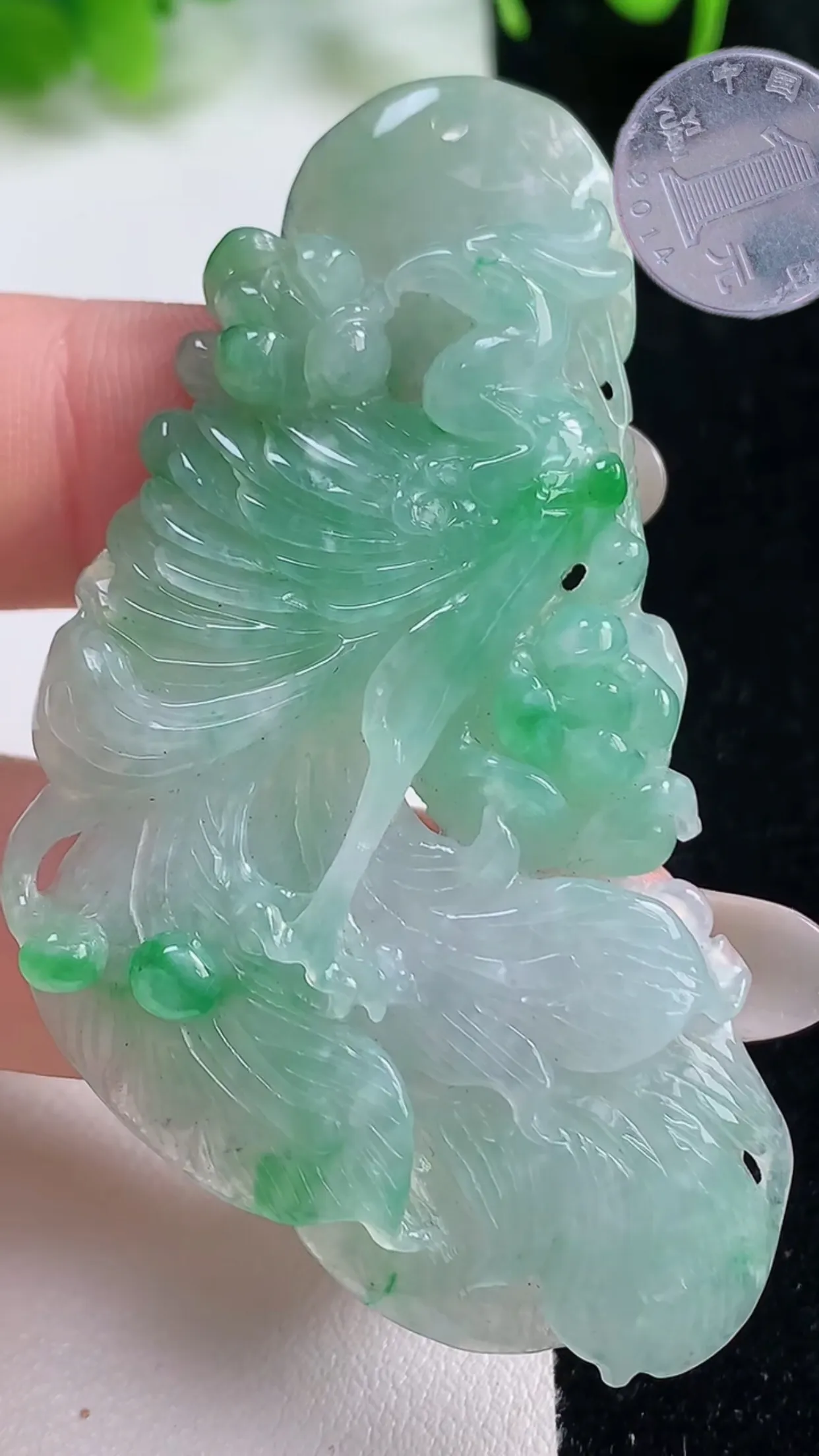 缅甸天然翡翠a货 老坑料起胶冰种 飘绿凤凰吊坠，尺寸59-33.2-5.4mm  y 17.60