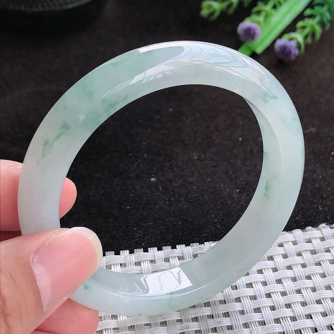 自然光55.5/11/8.3老坑冰润起胶飘花宽边手镯玉镯子美人镯手环
