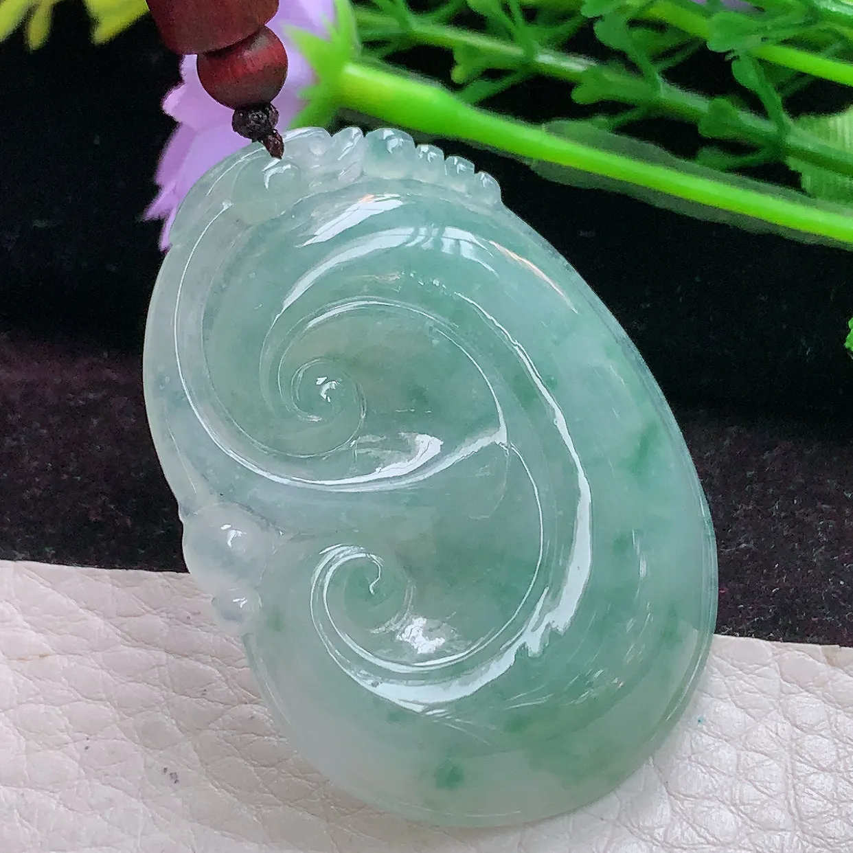 zen实拍49.3*36.5*5.8缅甸翡翠飘A货飘花如意 玉如意挂件 玉吊坠