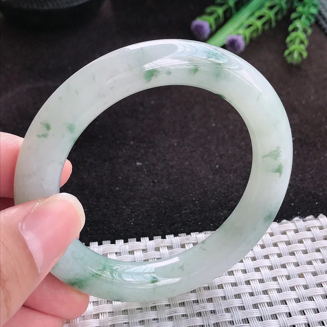自然光54/10.8/11老坑冰润飘花圆条手镯玉镯子美人镯手环
