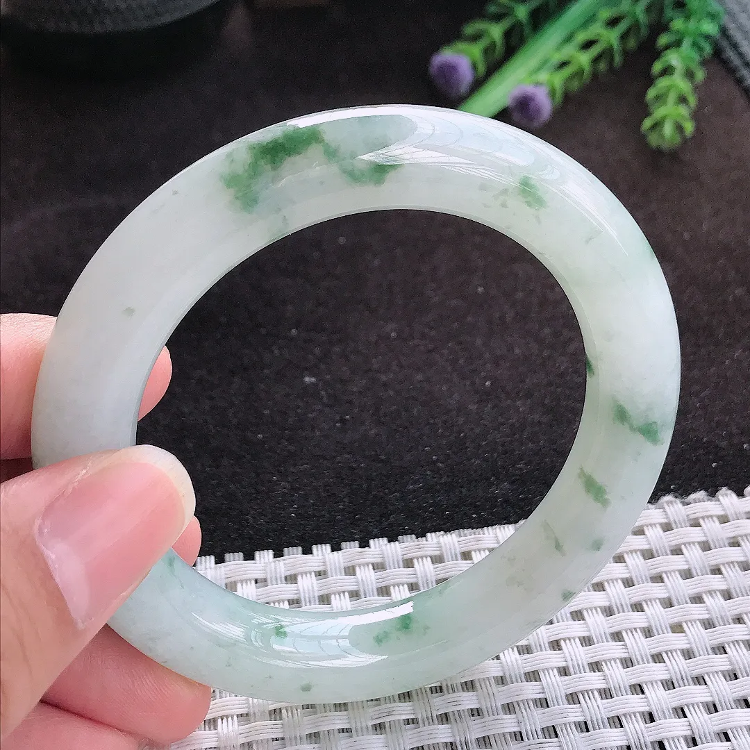 自然光54/10.8/11老坑冰润飘花圆条手镯玉镯子美人镯手环