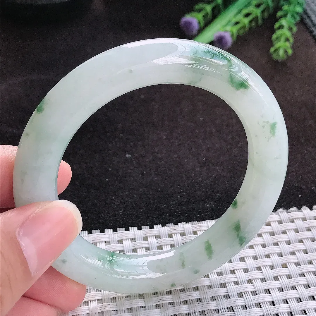 自然光54/10.8/11老坑冰润飘花圆条手镯玉镯子美人镯手环
