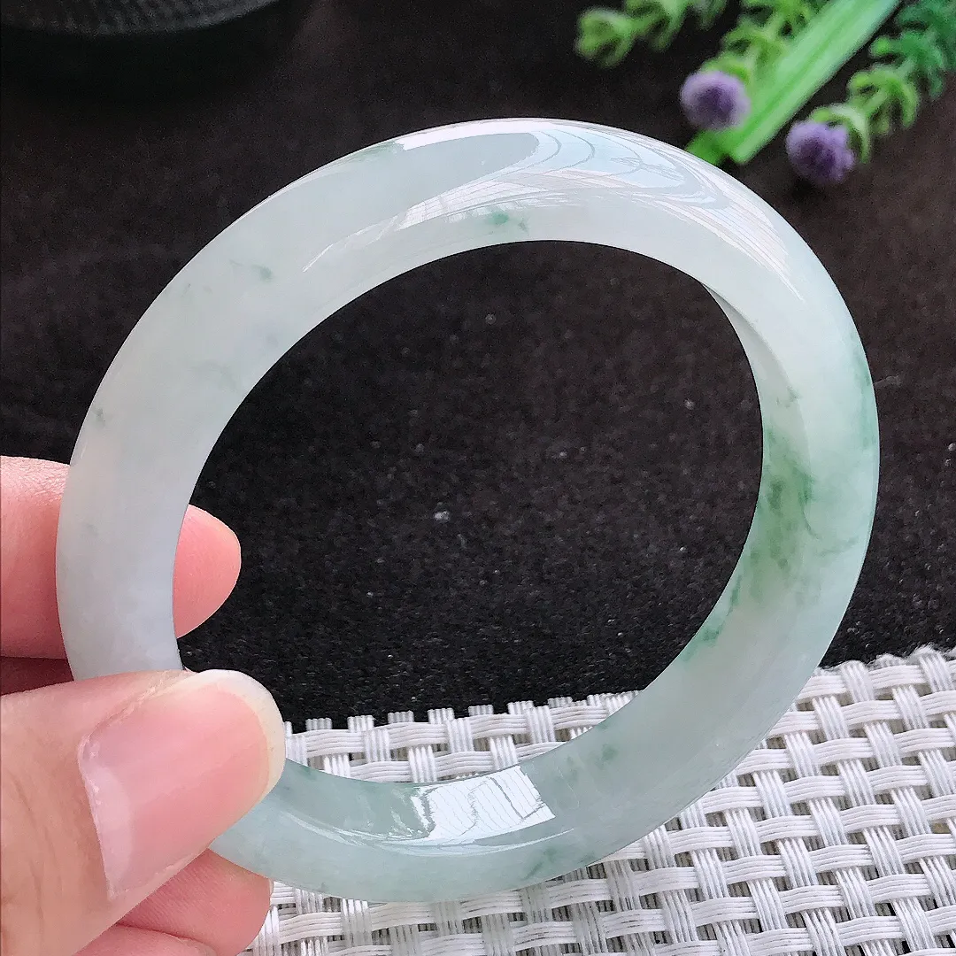 自然光55.5/11/8.3老坑冰润起胶飘花宽边手镯玉镯子美人镯手环